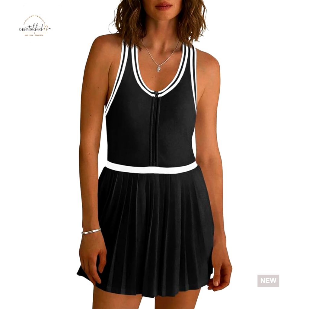 Women's Athletic Mini Dress With Built-In Bra And Shorts, Half Zip Racerback